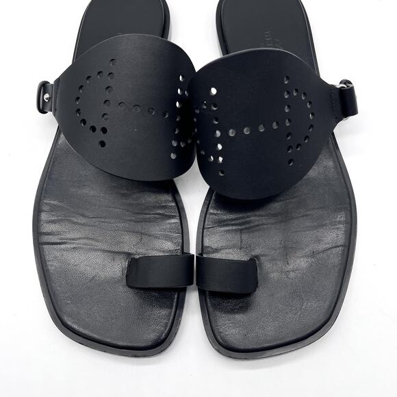 HERMES Hera Sandal Womens 39 8.5 Black Leather Cut Out H Toe Loop Flat Slide - Picture 11 of 16